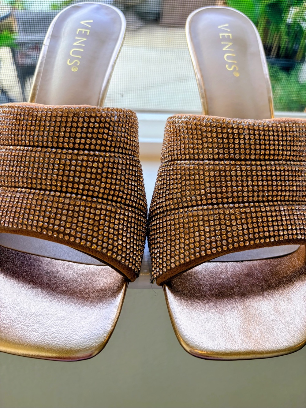 VENUS Metallic Copper Crystal-Embellished Slide Mules